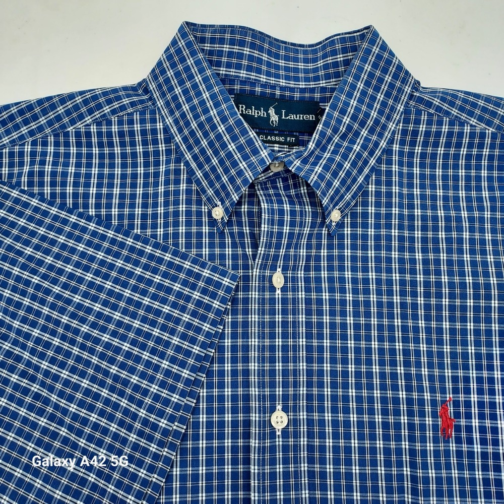 Ralph Lauren Classic Fit Mens XL Blue White Plaid Short Sleeve Button Down Shirt